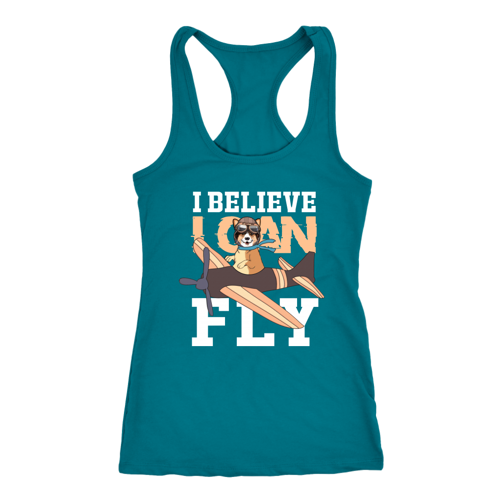 A racerback tank top with the text "I believe I can fly" with a picture of a corgi in a biplane. The tank top is turquoise.