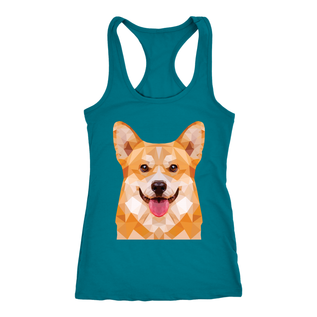 A racerback tank top with a fawn corgi made of polygonal art. The tank is turquoise.