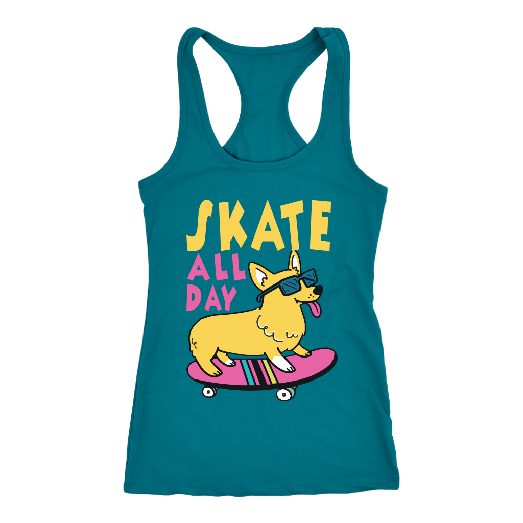 A racerback tank top with the text "Skate all day" with a skateboarding corgi next to the text. The tank top is turquoise.