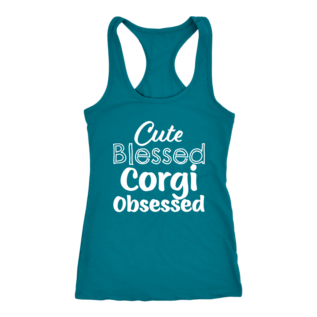 A racerback tank top with the text "Cute Blessed Corgi Obsessed". The tank top is turquoise-colored.