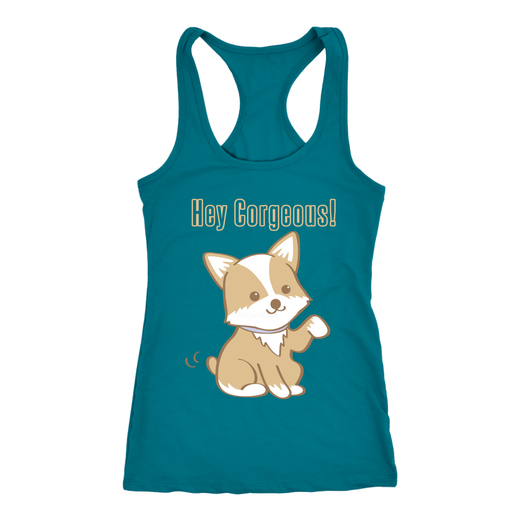 A racerback tank top with the text "Hey Corgeous" with a picture of a corgi waving. The tank top is turquoise.