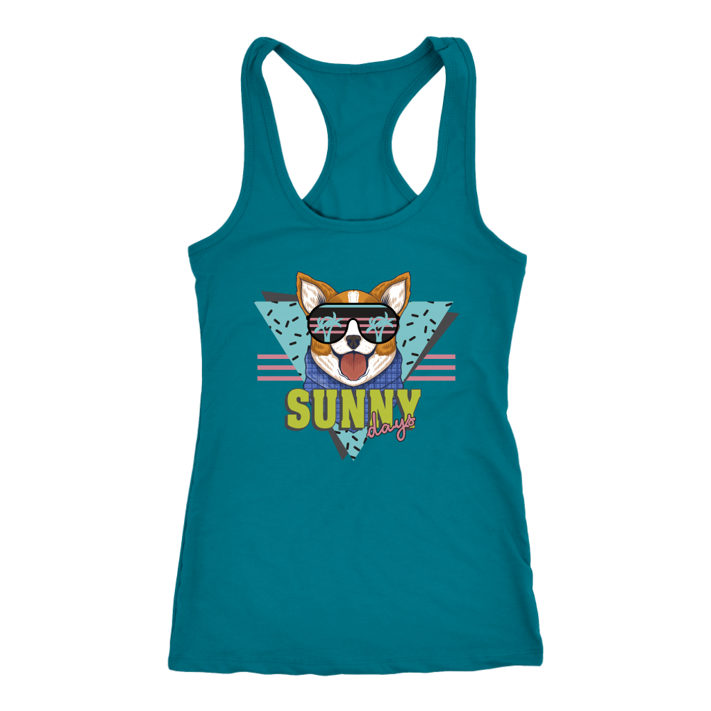 A racerback tank top with the text "Sunny Days" with a corgi's face above to the text. The tank top is turquoise.