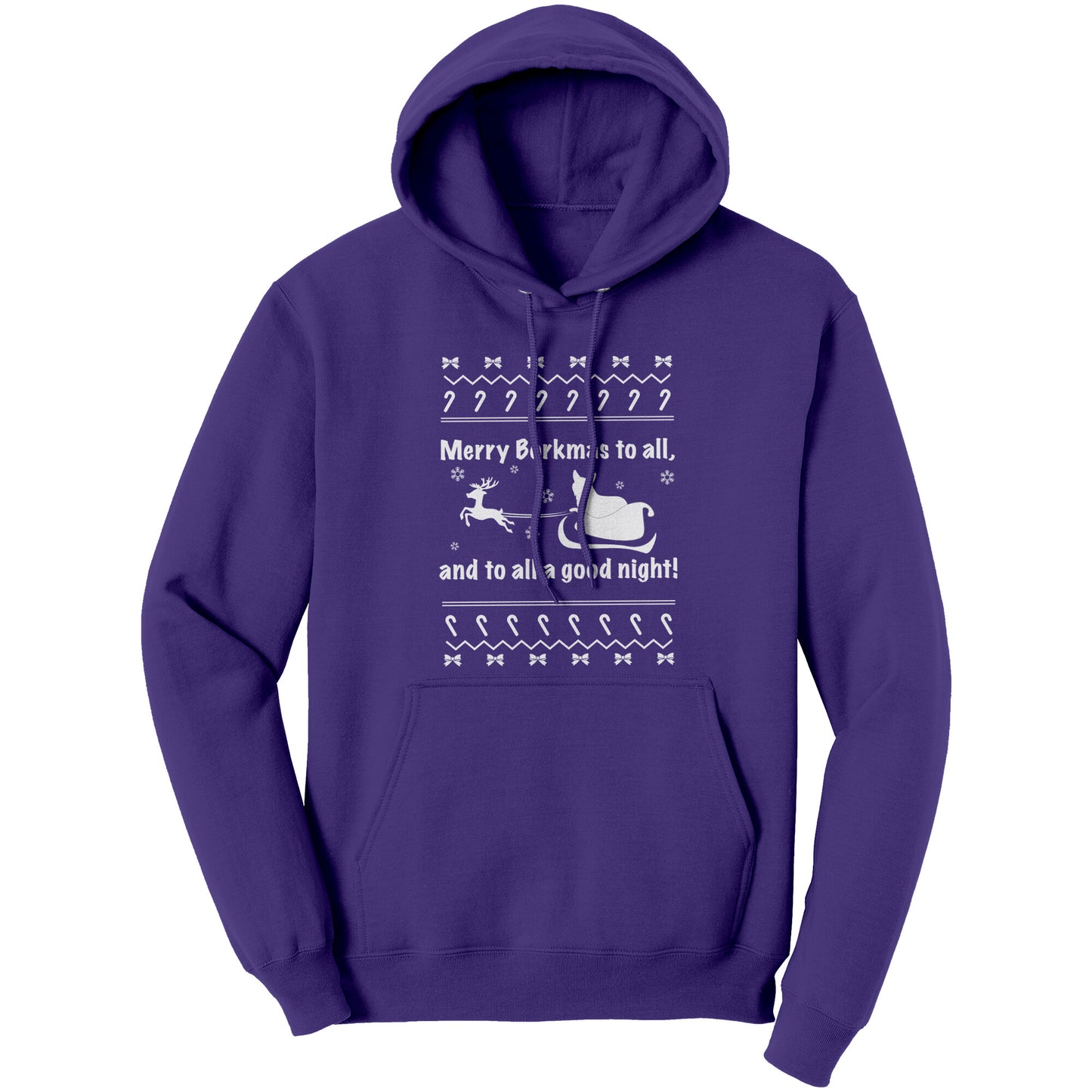 A purple hoodie with the text "Merry Borkmas to all, and to all a good night!" with a corgi in Santa's sled. 