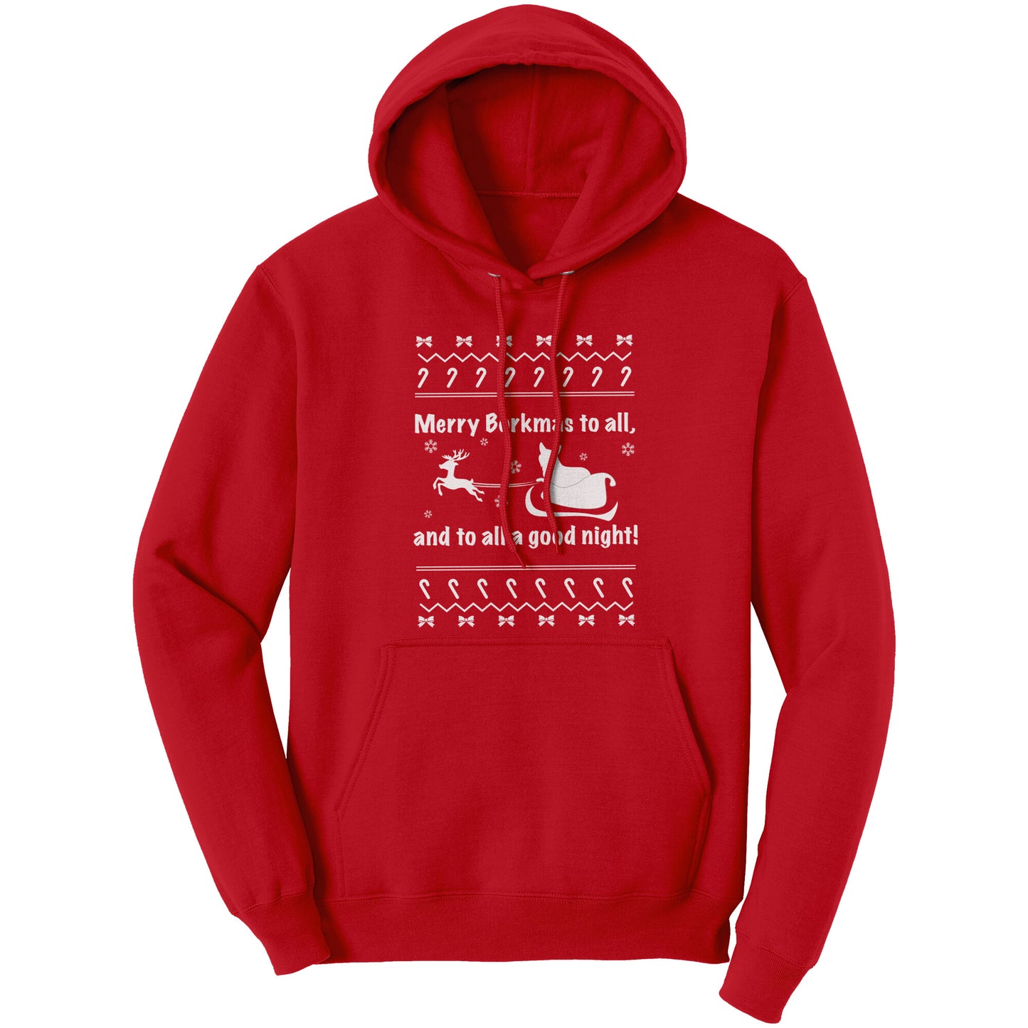 A red hoodie with the text "Merry Borkmas to all, and to all a good night!" with a corgi in Santa's sled. 