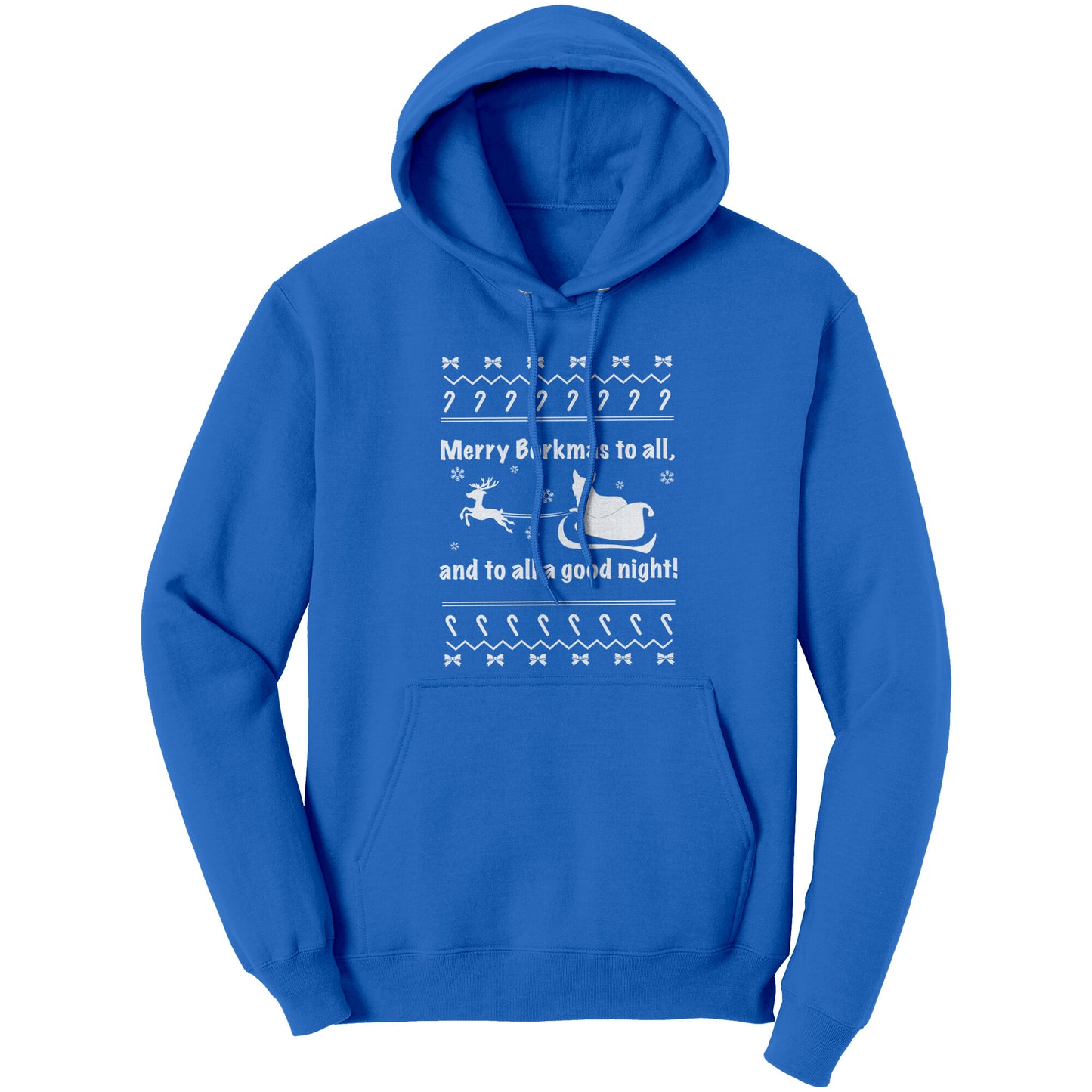 A blue hoodie with the text "Merry Borkmas to all, and to all a good night!" with a corgi in Santa's sled. 