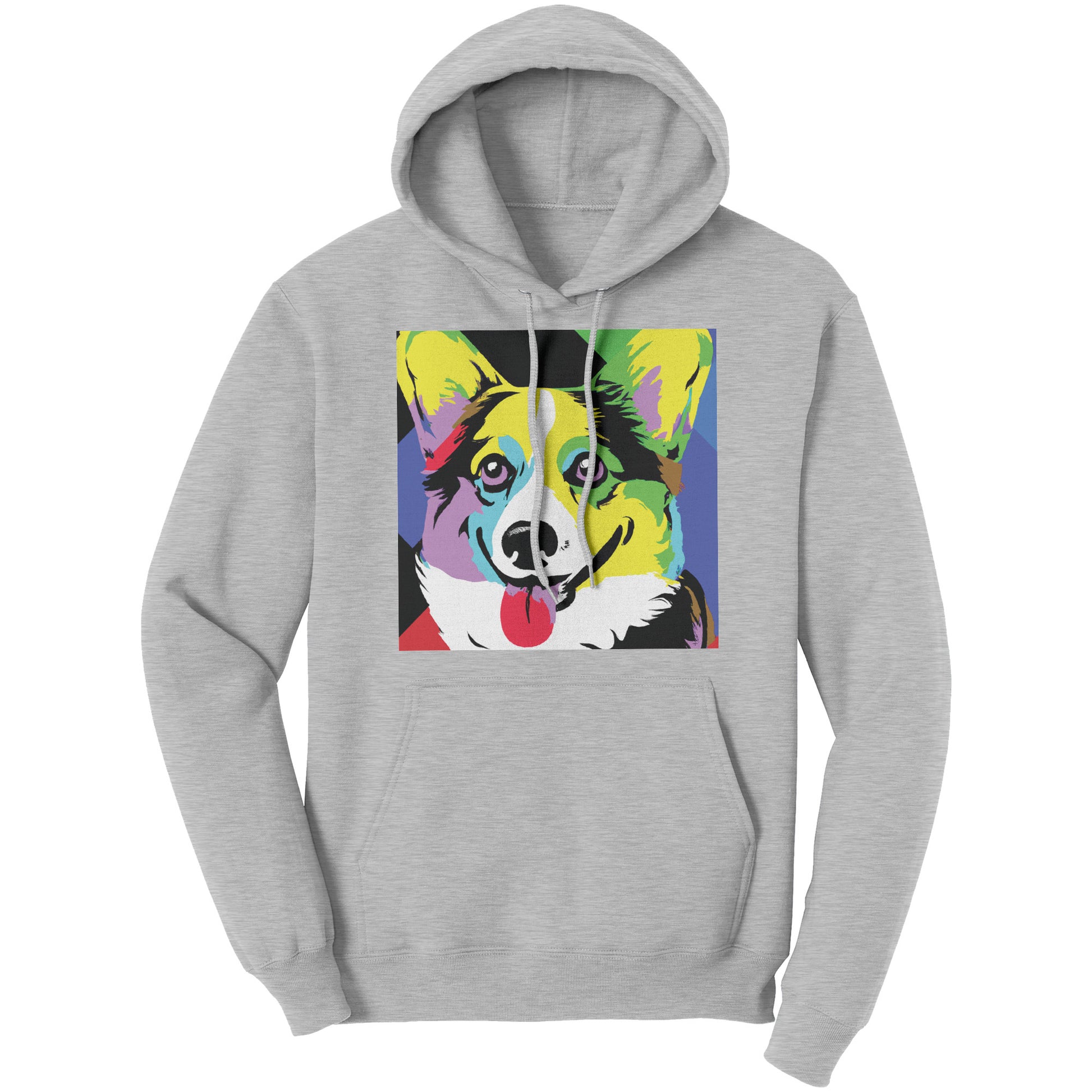 Our pop art corgi design on a grey hoodie. 