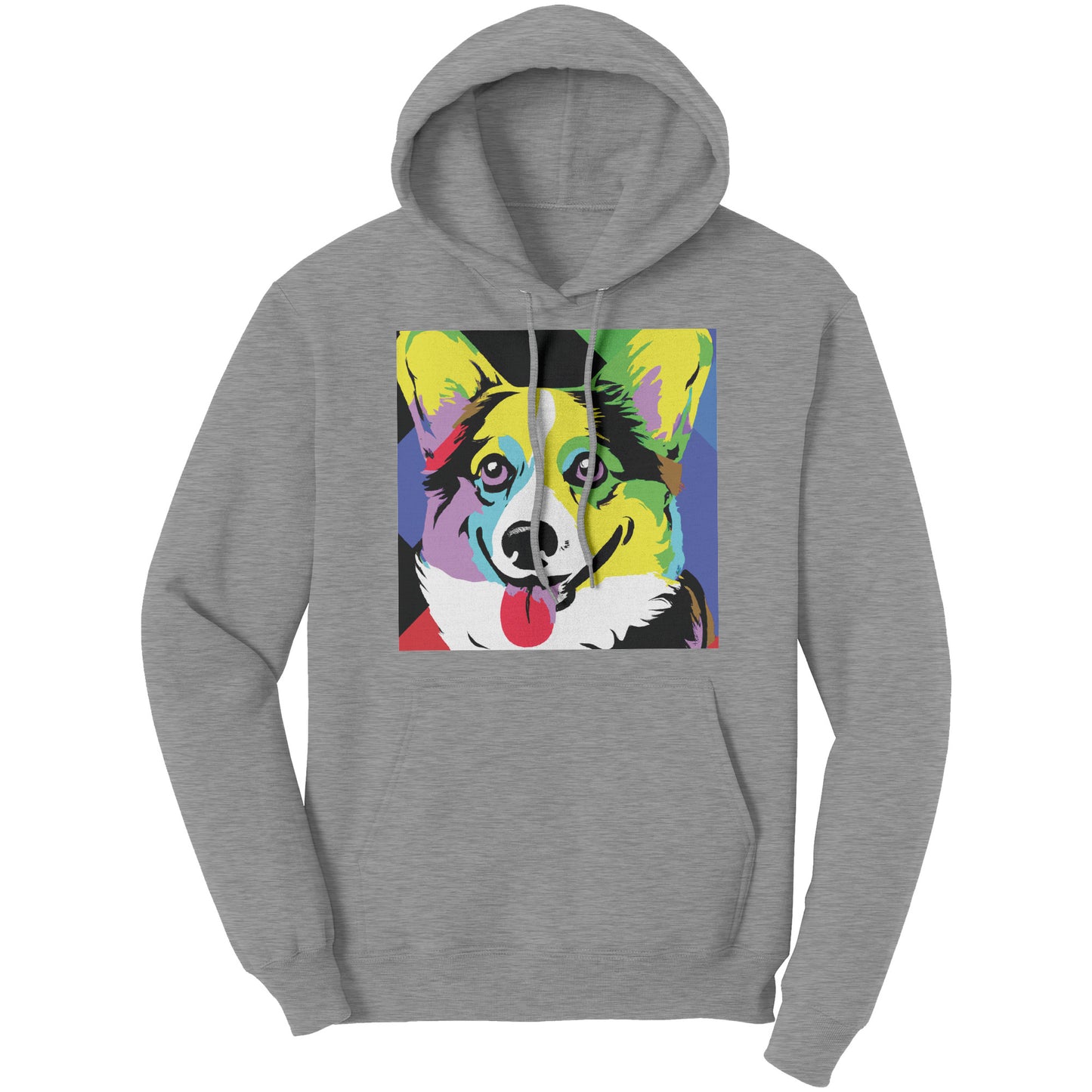 Our pop art corgi design on a grey hoodie. 