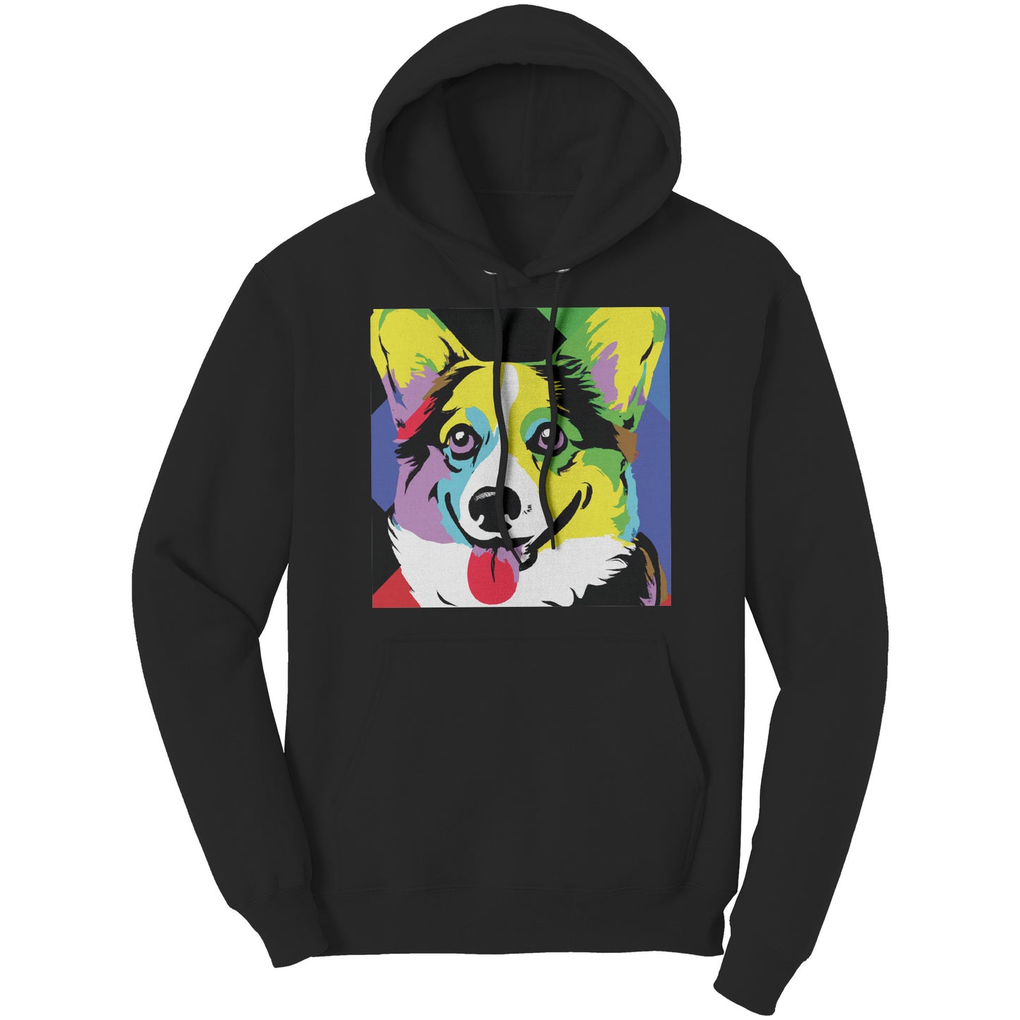 Our pop art corgi design on a black hoodie. 