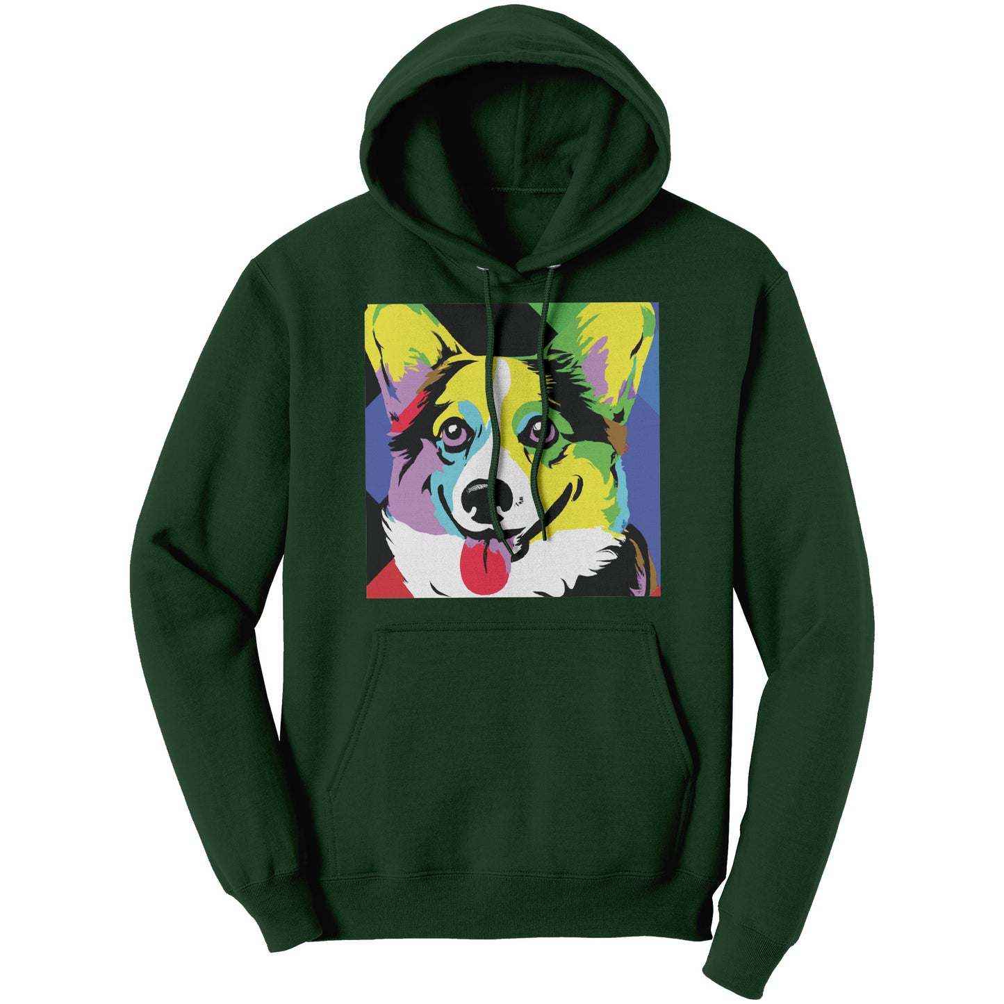 Our pop art corgi design on a dark green hoodie. 