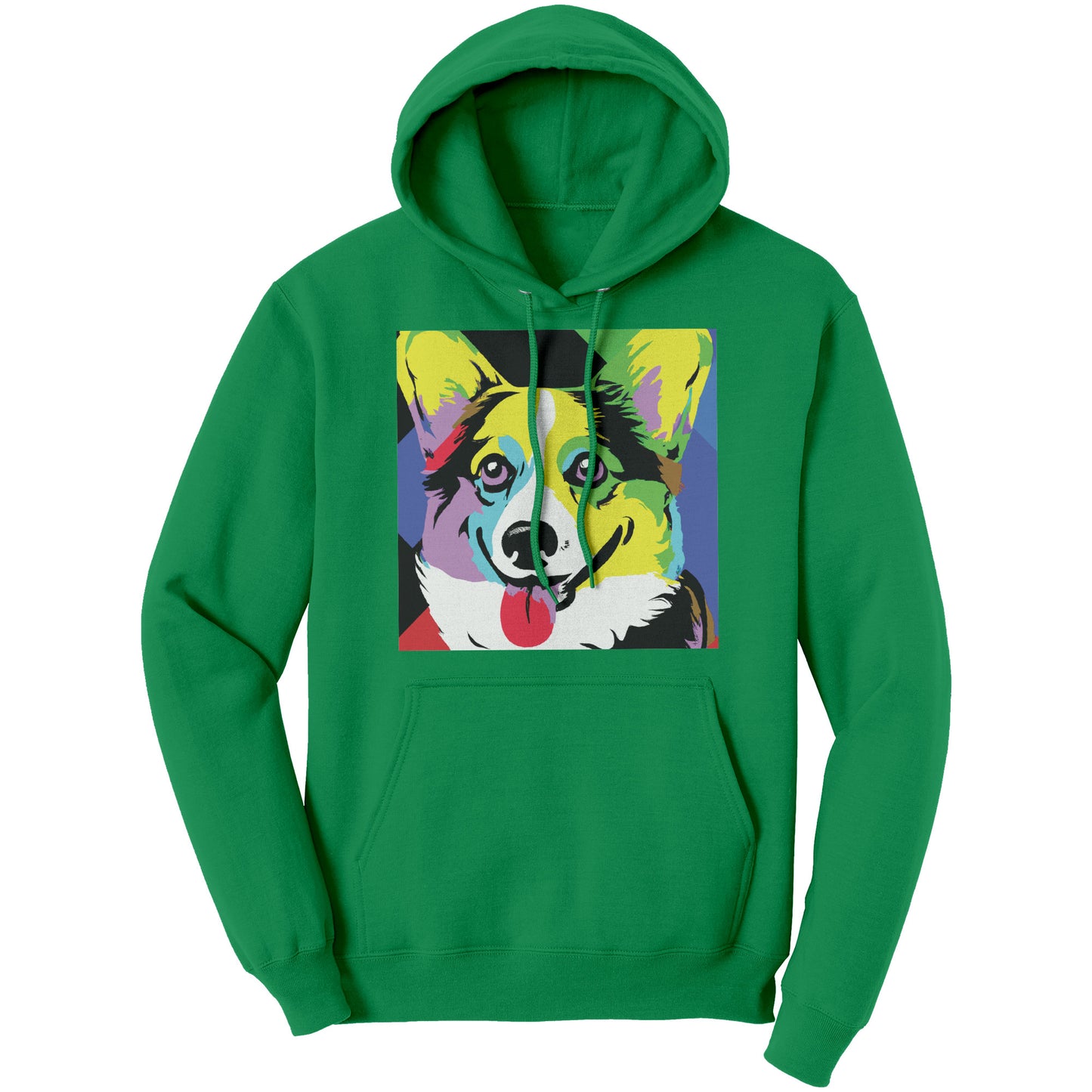 Our pop art corgi design on a green hoodie. 