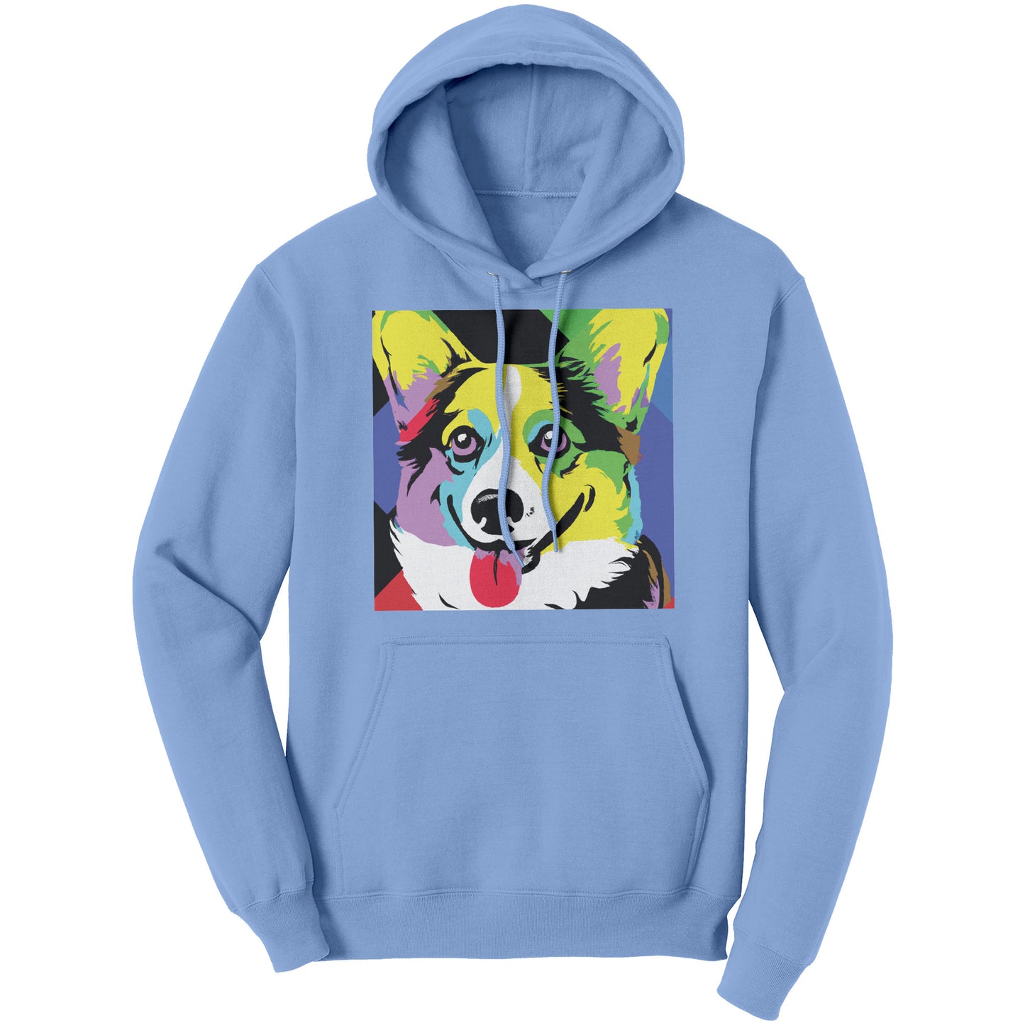 Our pop art corgi design on a light blue hoodie. 