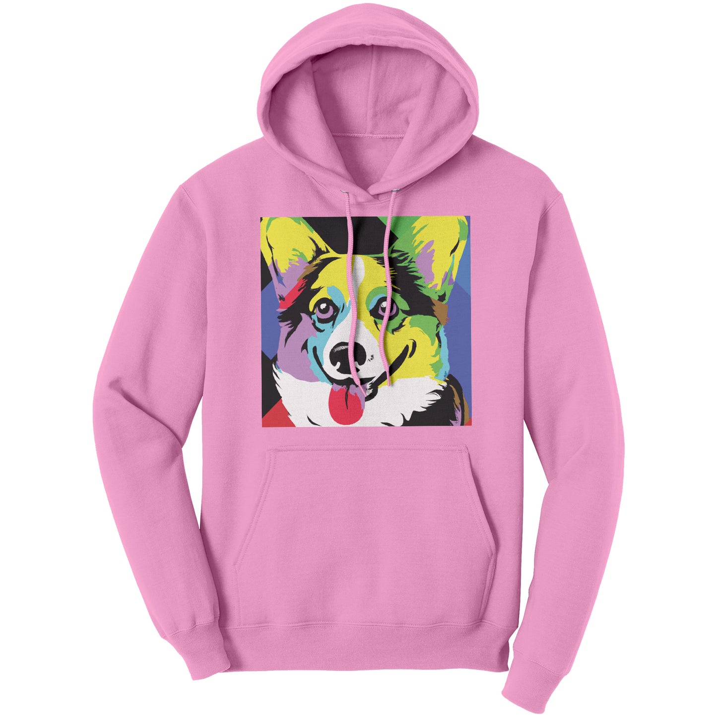 Our pop art corgi design on a pink hoodie. 