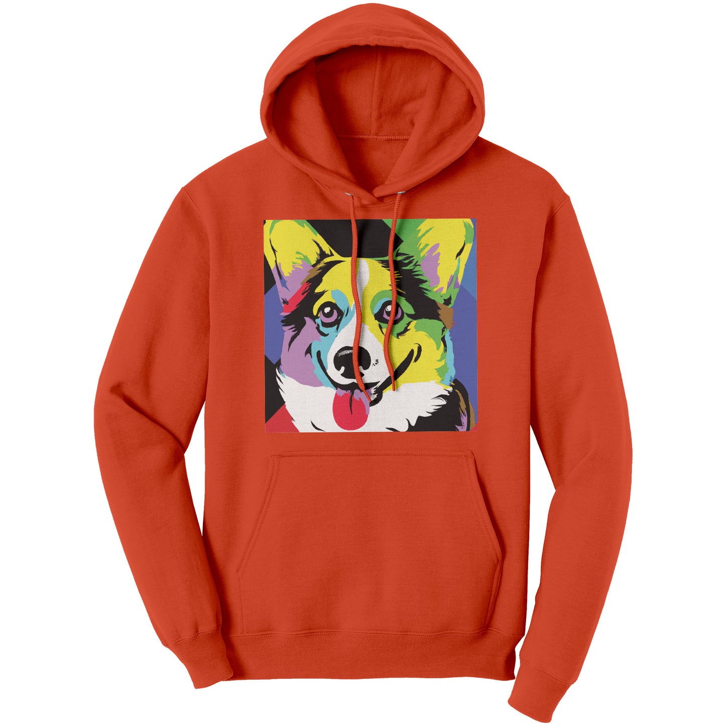 Our pop art corgi design on an orange hoodie. 