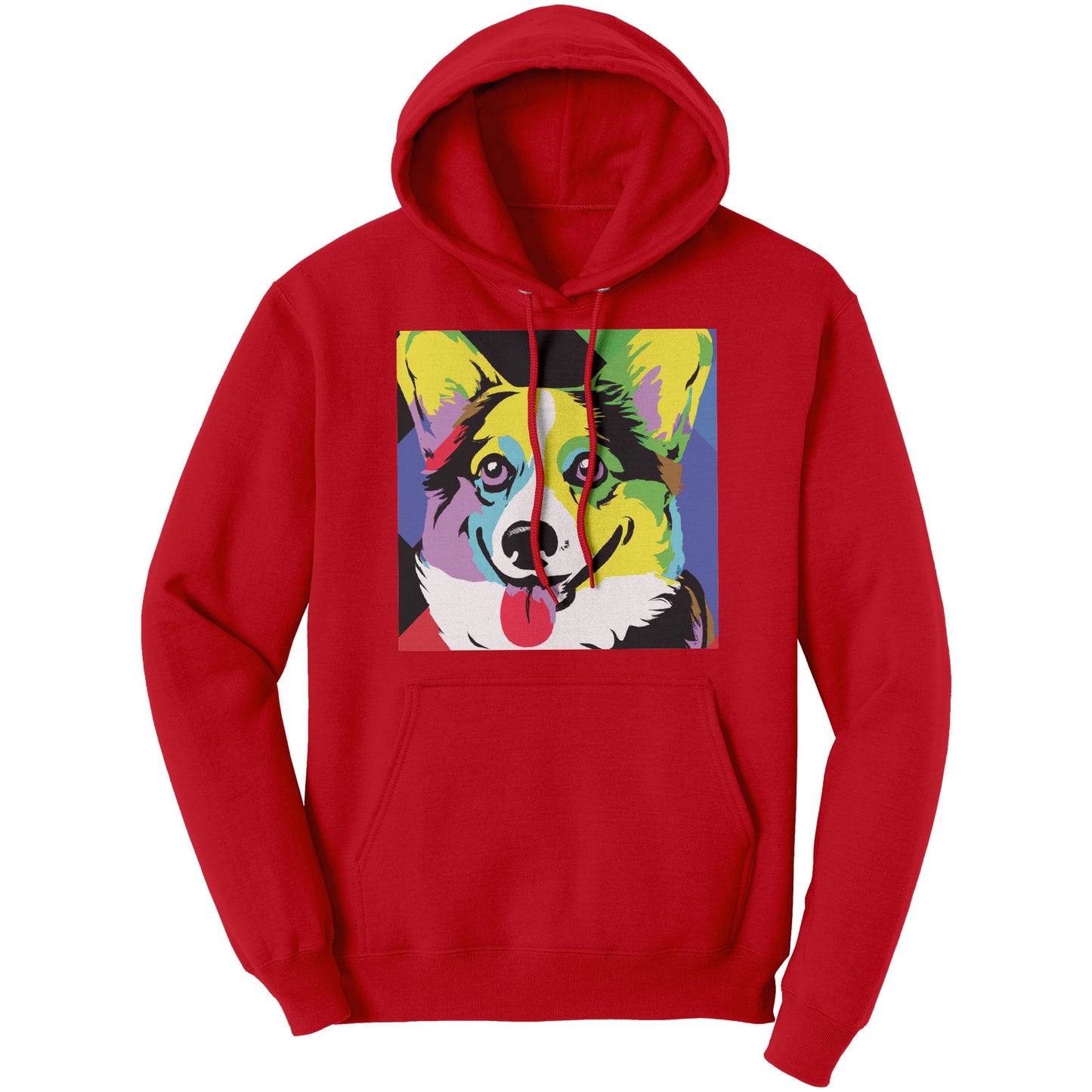 Our pop art corgi design on a red hoodie. 