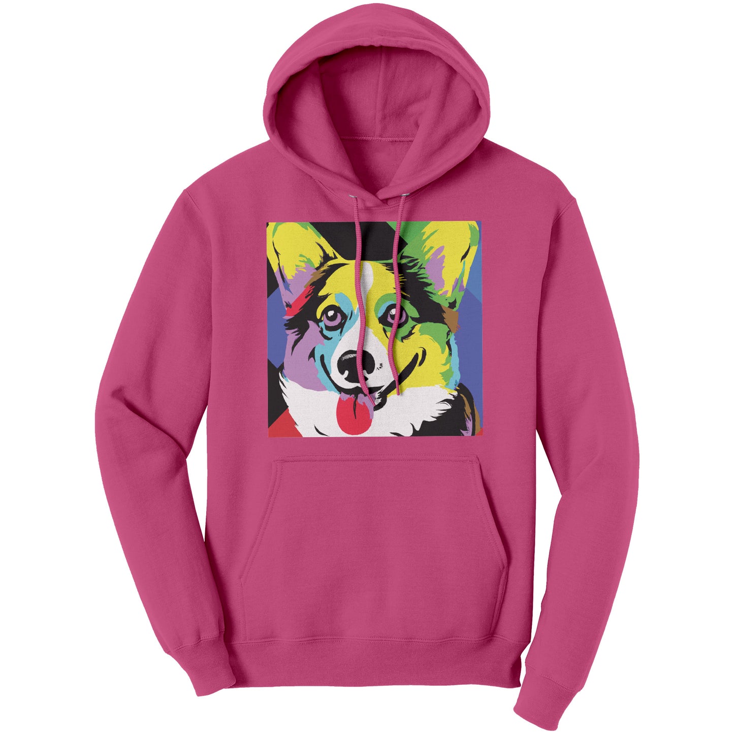 Our pop art corgi design on a fushsia hoodie. 