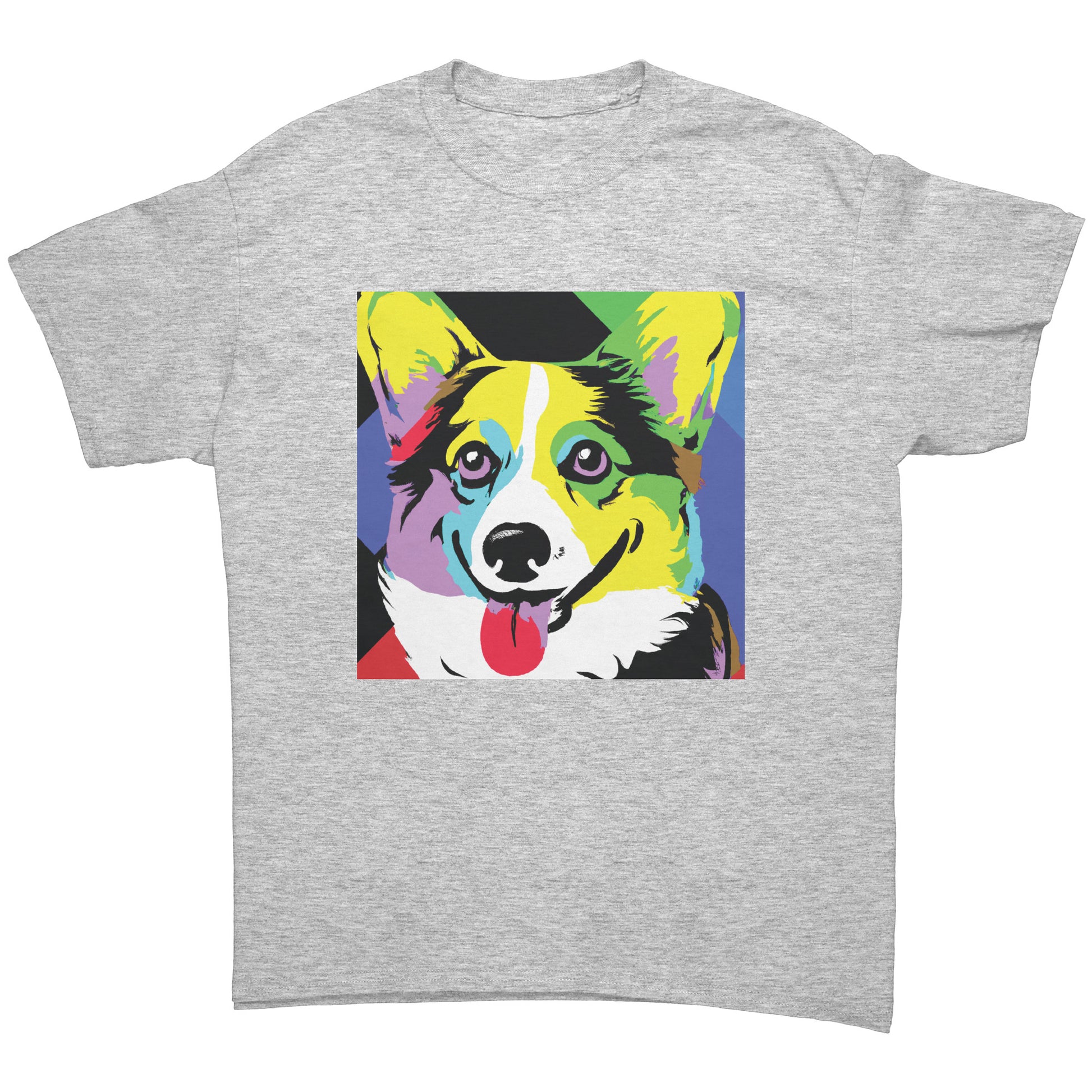 A flat lay of a t shirt. The grey t shirt has our Pop Art Corgi design on it. 