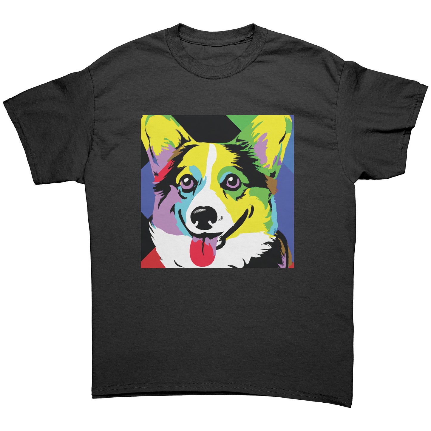 A flat lay of a t shirt. The black t shirt has our Pop Art Corgi design on it. 