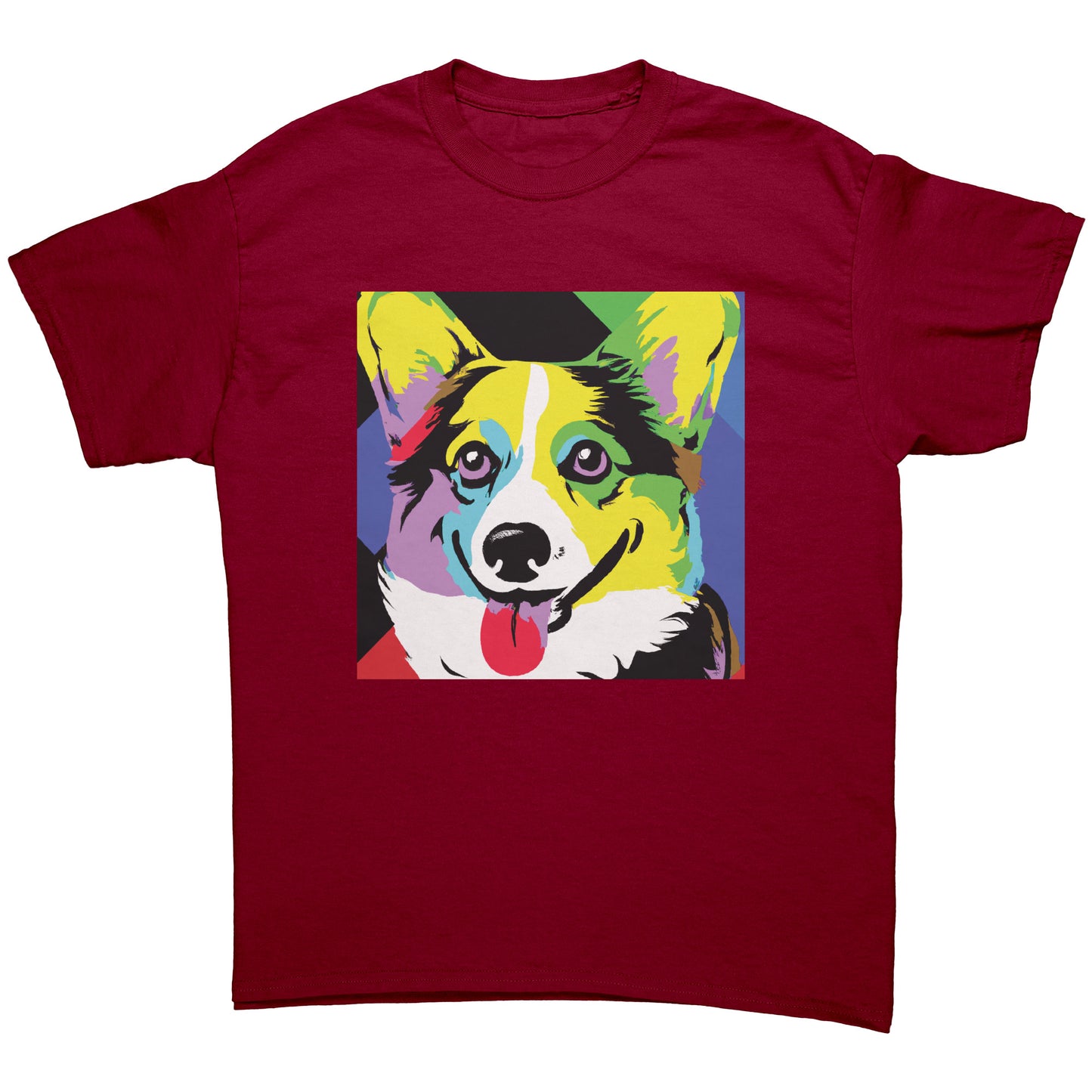 A flat lay of a t shirt. The maroon t shirt has our Pop Art Corgi design on it. 