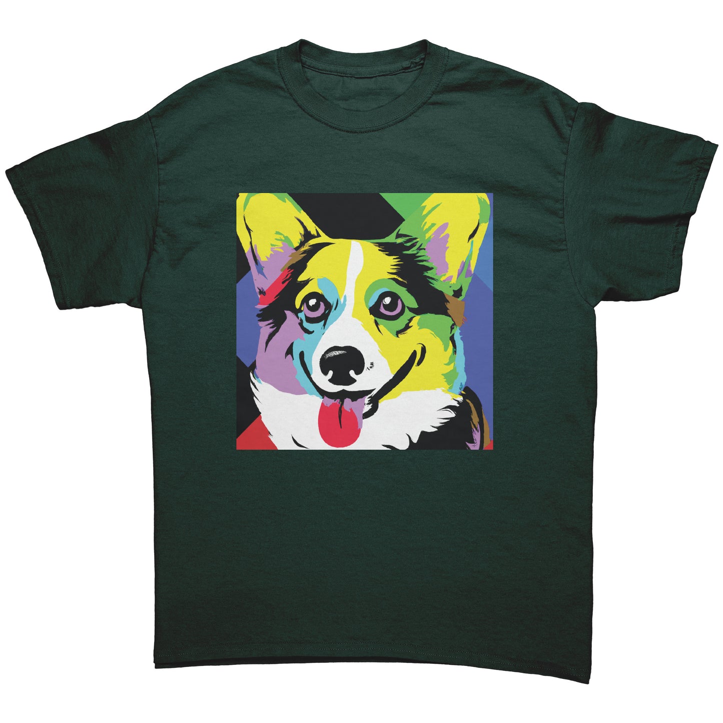 A flat lay of a t shirt. The dark green t shirt has our Pop Art Corgi design on it. 