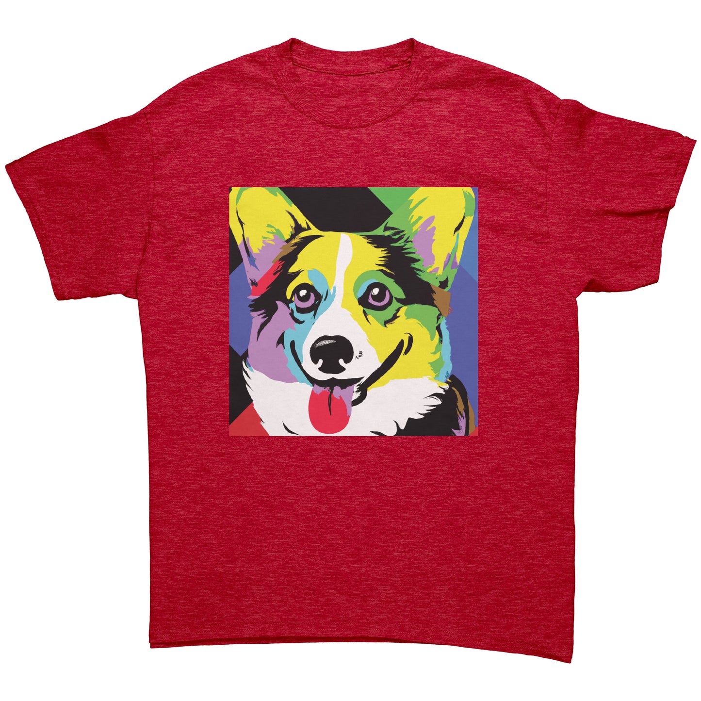 A flat lay of a t shirt. The red heather-colored t shirt has our Pop Art Corgi design on it. 