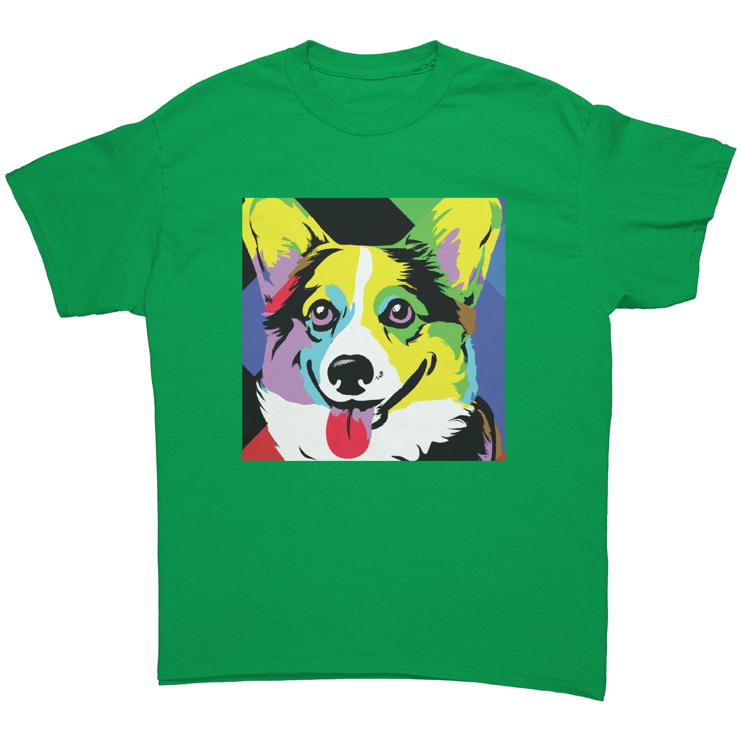 A flat lay of a t shirt. The green t shirt has our Pop Art Corgi design on it. 