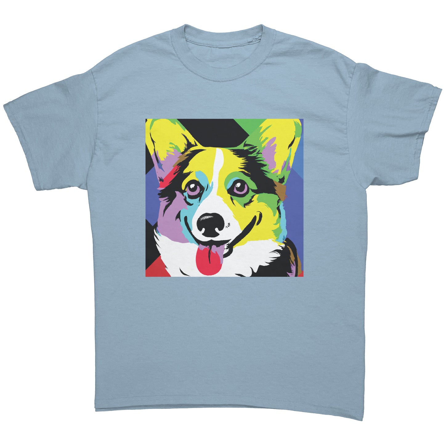 A flat lay of a t shirt. The light blue t shirt has our Pop Art Corgi design on it. 