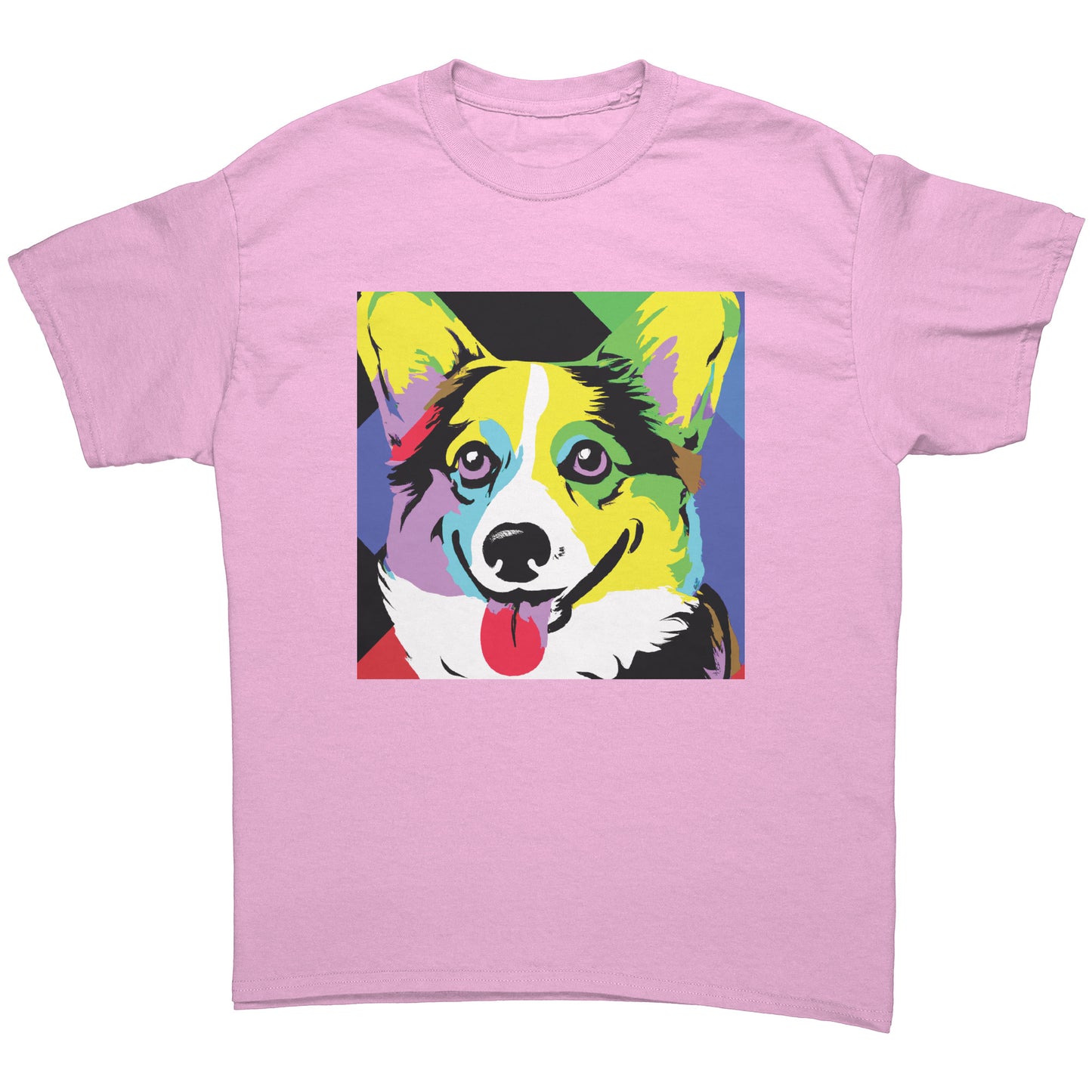 A flat lay of a t shirt. The light pink t shirt has our Pop Art Corgi design on it. 