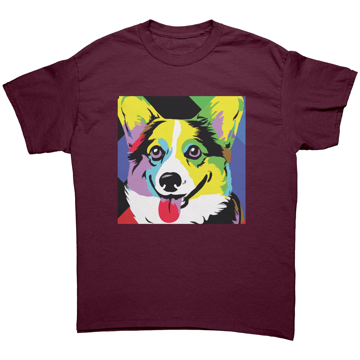 A flat lay of a t shirt. The red-wine-colored t shirt has our Pop Art Corgi design on it. 