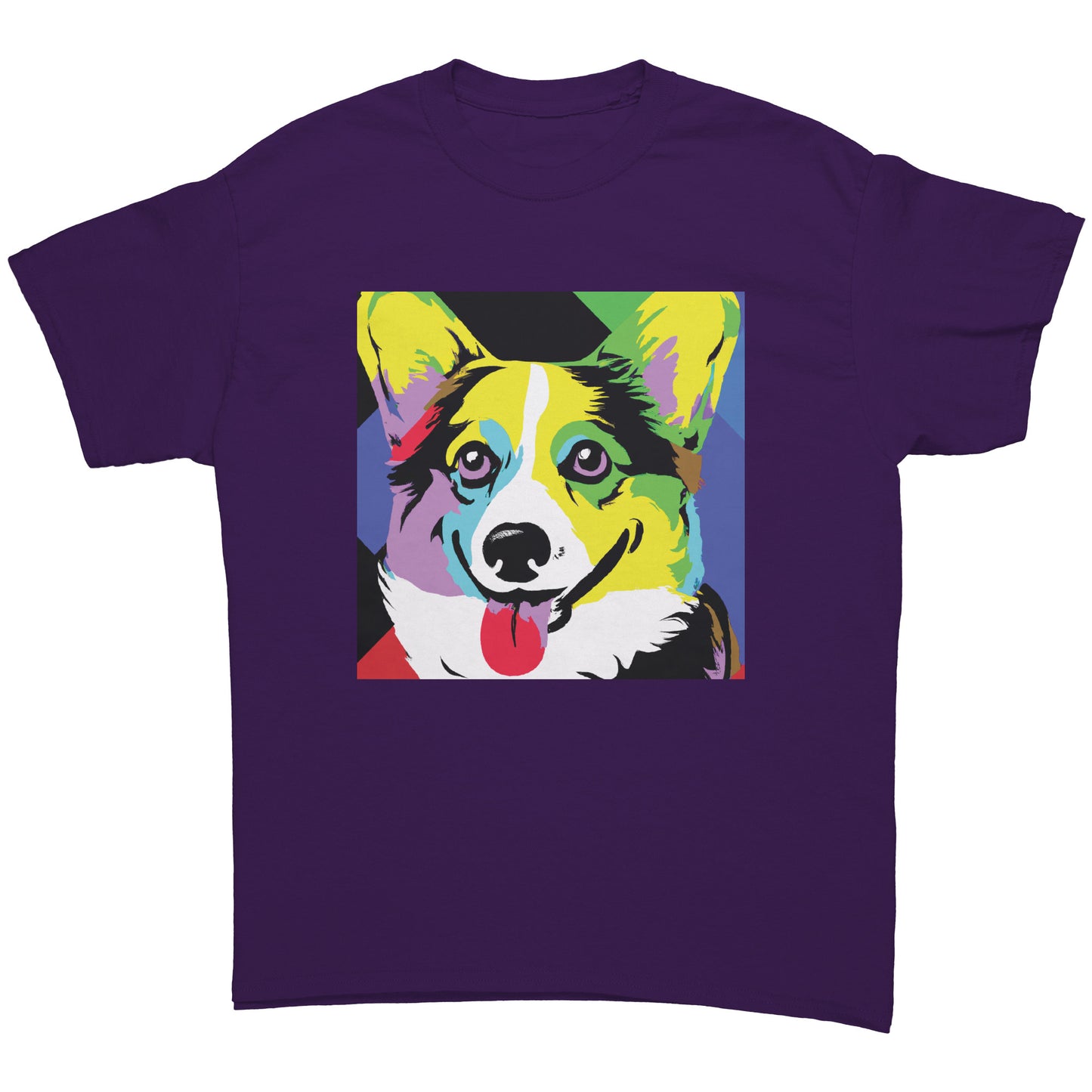 A flat lay of a t shirt. The purple t shirt has our Pop Art Corgi design on it. 