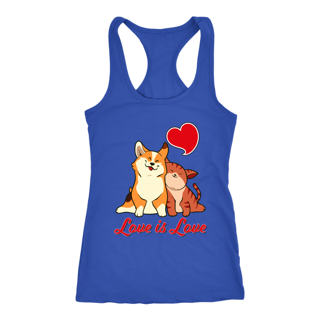 a racerback tank top with a corgi snuggling a cat. The text says "Love is Love" and the tank top is blue.