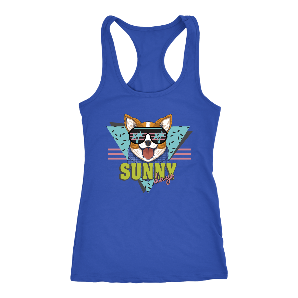 A racerback tank top with the text "Sunny Days" with a corgi's face above to the text. The tank top is blue.