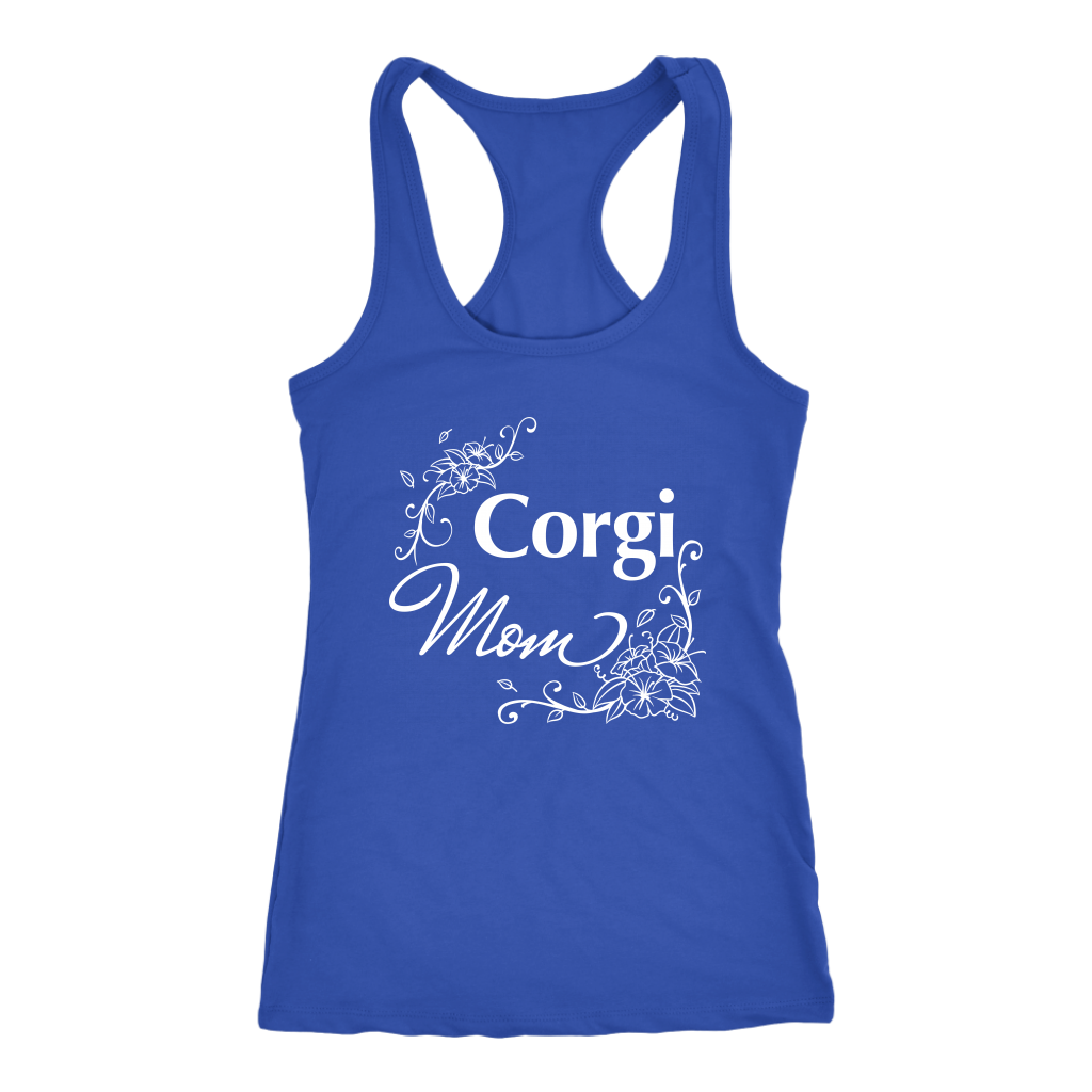 A racerback tank top with the text "Corgi Mom" in flowery text. The tank top is blue.