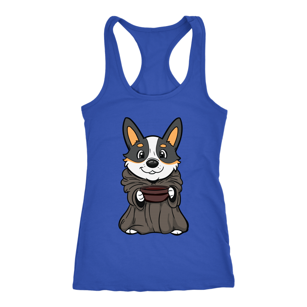 A racerback tank top with a picture of a corgi dressed as baby yoda. The tank is blue.