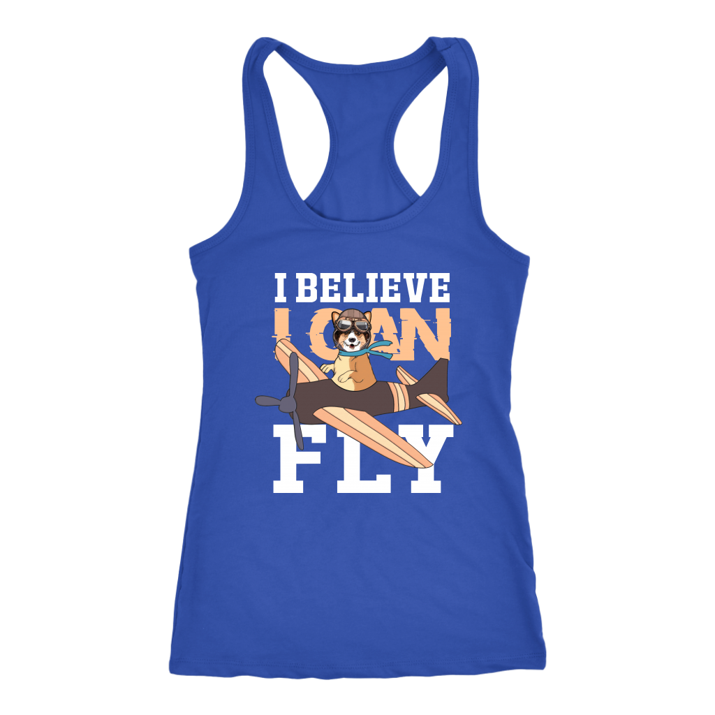 A racerback tank top with the text "I believe I can fly" with a picture of a corgi in a biplane. The tank top is blue.