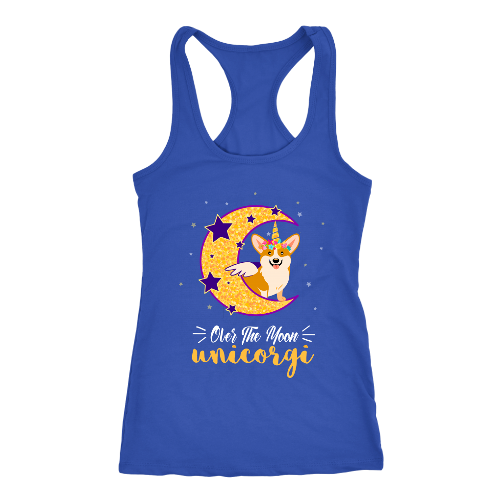 A tank top with a corgi dressed up as a unicorn with wings, sitting on the moon. The text says "over the moon Unicorgi". The tank top is blue.