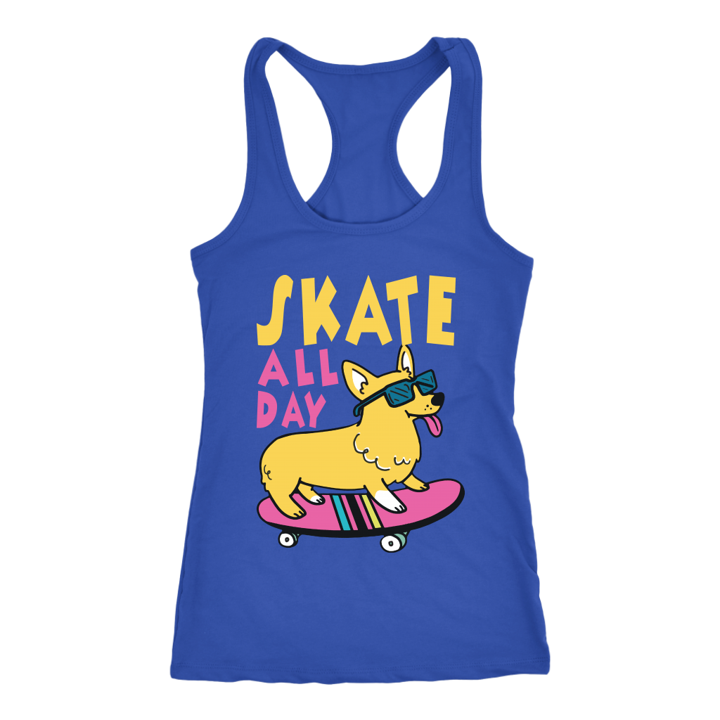 A racerback tank top with the text "Skate all day" with a skateboarding corgi next to the text. The tank top is blue.