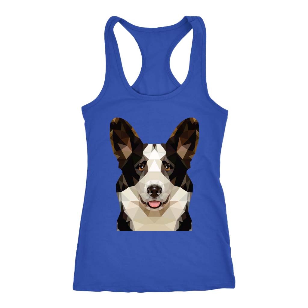 A racerback tank top with a cardigan corgi made of polygonal art. The tank is blue.