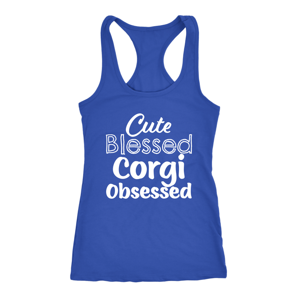 A racerback tank top with the text "Cute Blessed Corgi Obsessed". The tank top is blue.