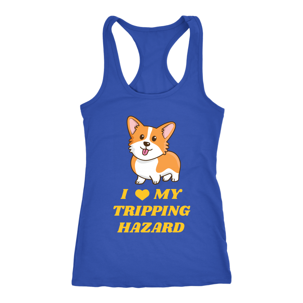 A racerback tank top with the text "I love my tripping hazard" with a picture of a corgi. The tank top is blue.