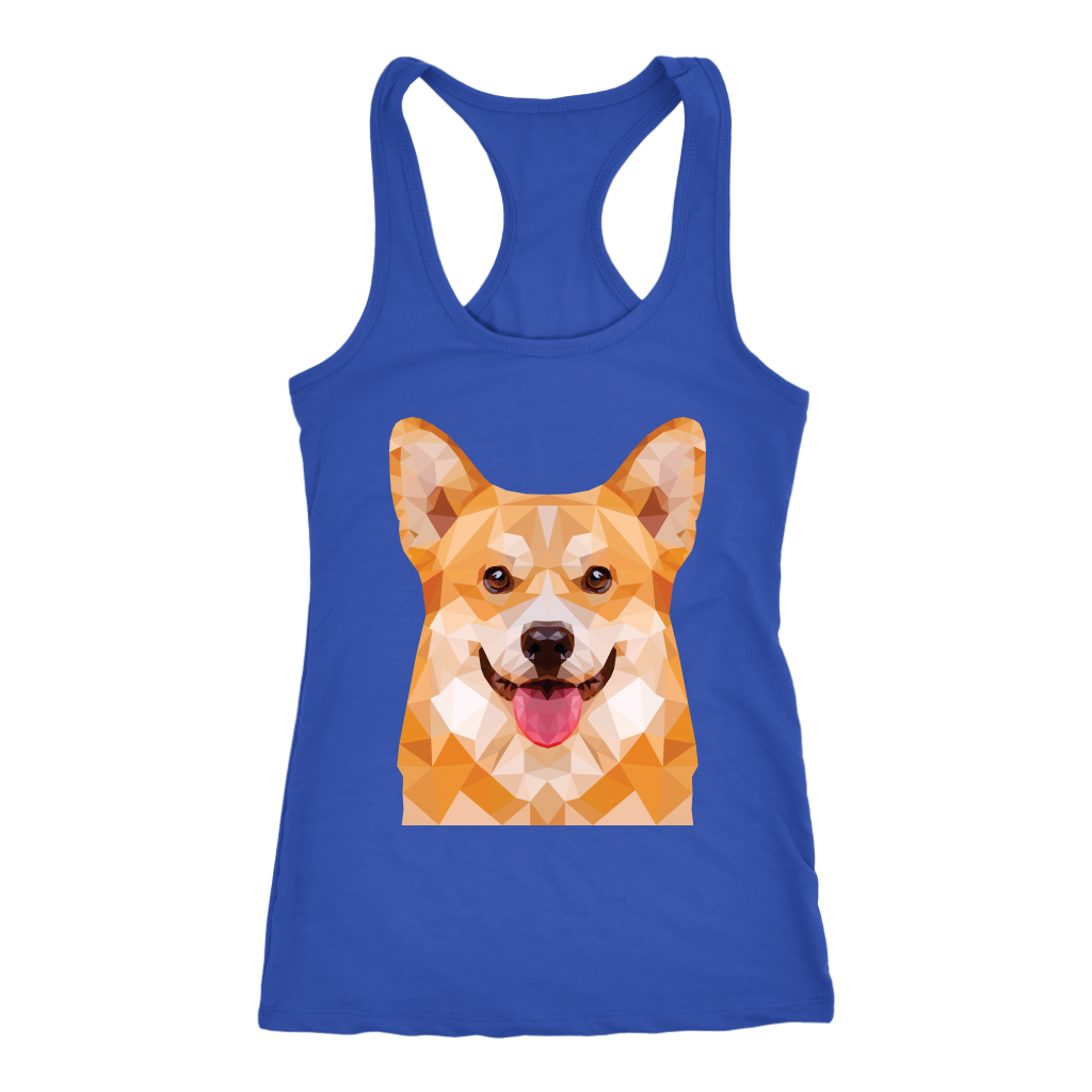 A racerback tank top with a fawn corgi made of polygonal art. The tank is blue.