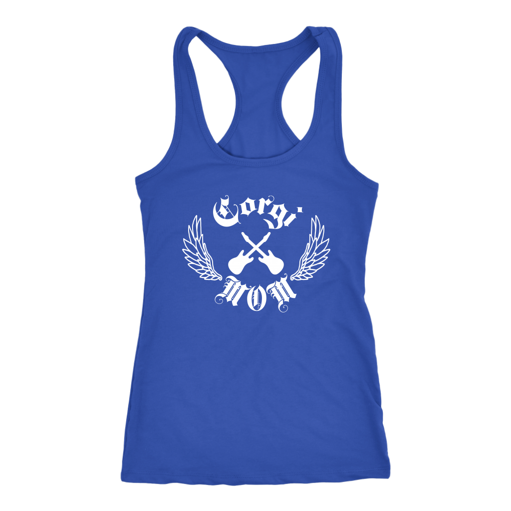 A racerback tank top with the text "Corgi Mom" done in a rock and roll style with crossed guitars. The tank top is blue. 