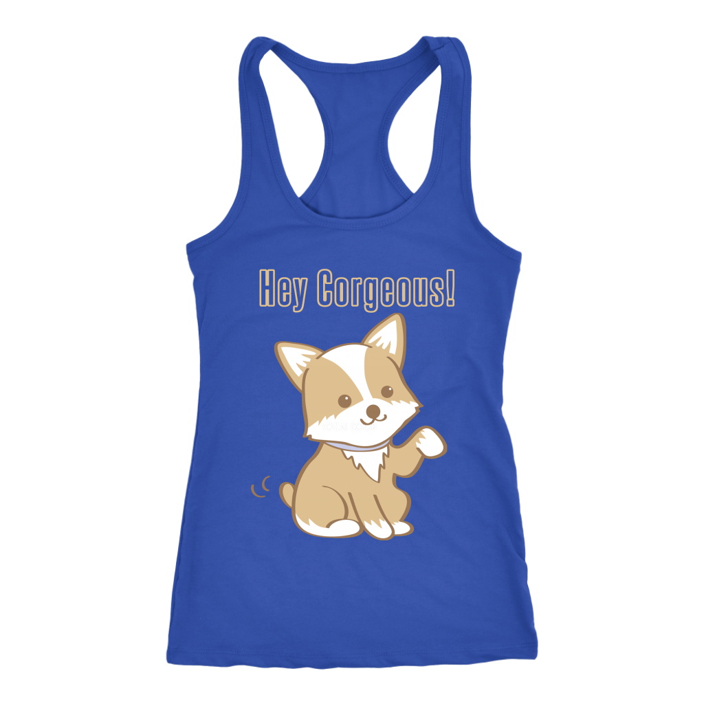 A racerback tank top with the text "Hey Corgeous" with a picture of a corgi waving. The tank top is blue.