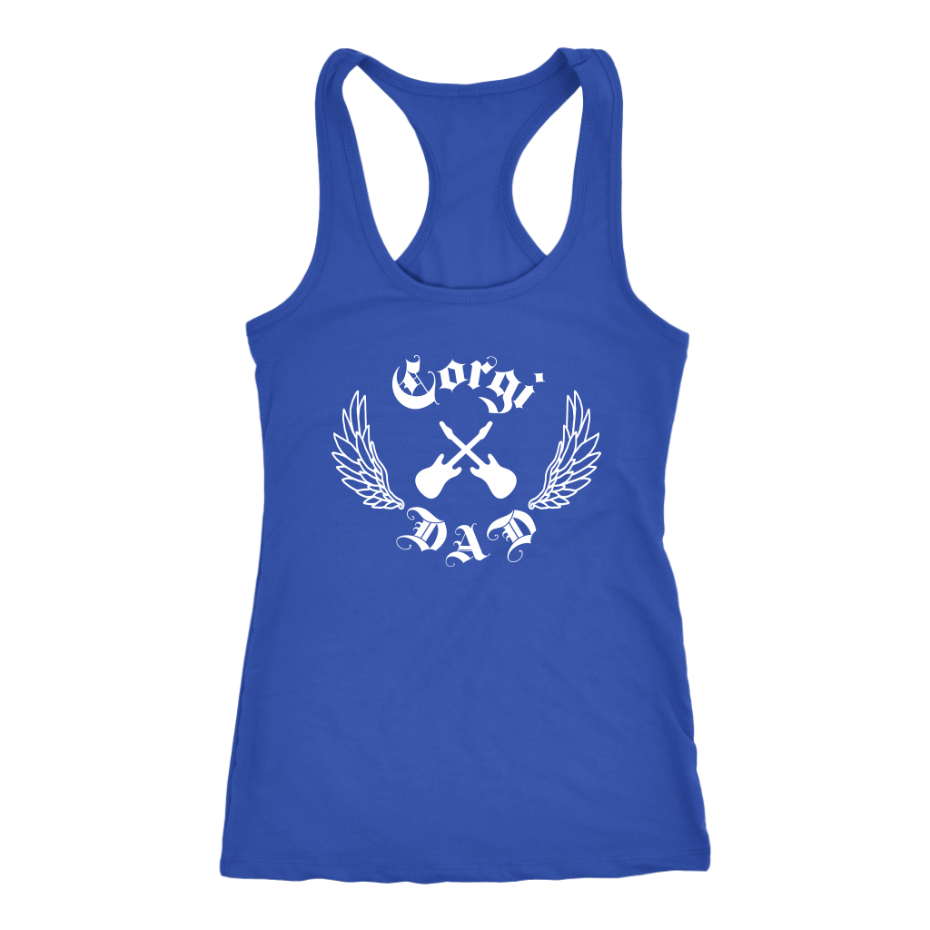 A unisex tank top with the text "Corgi Dad" done in a rock and roll style with crossed guitars. The tank top is blue. 