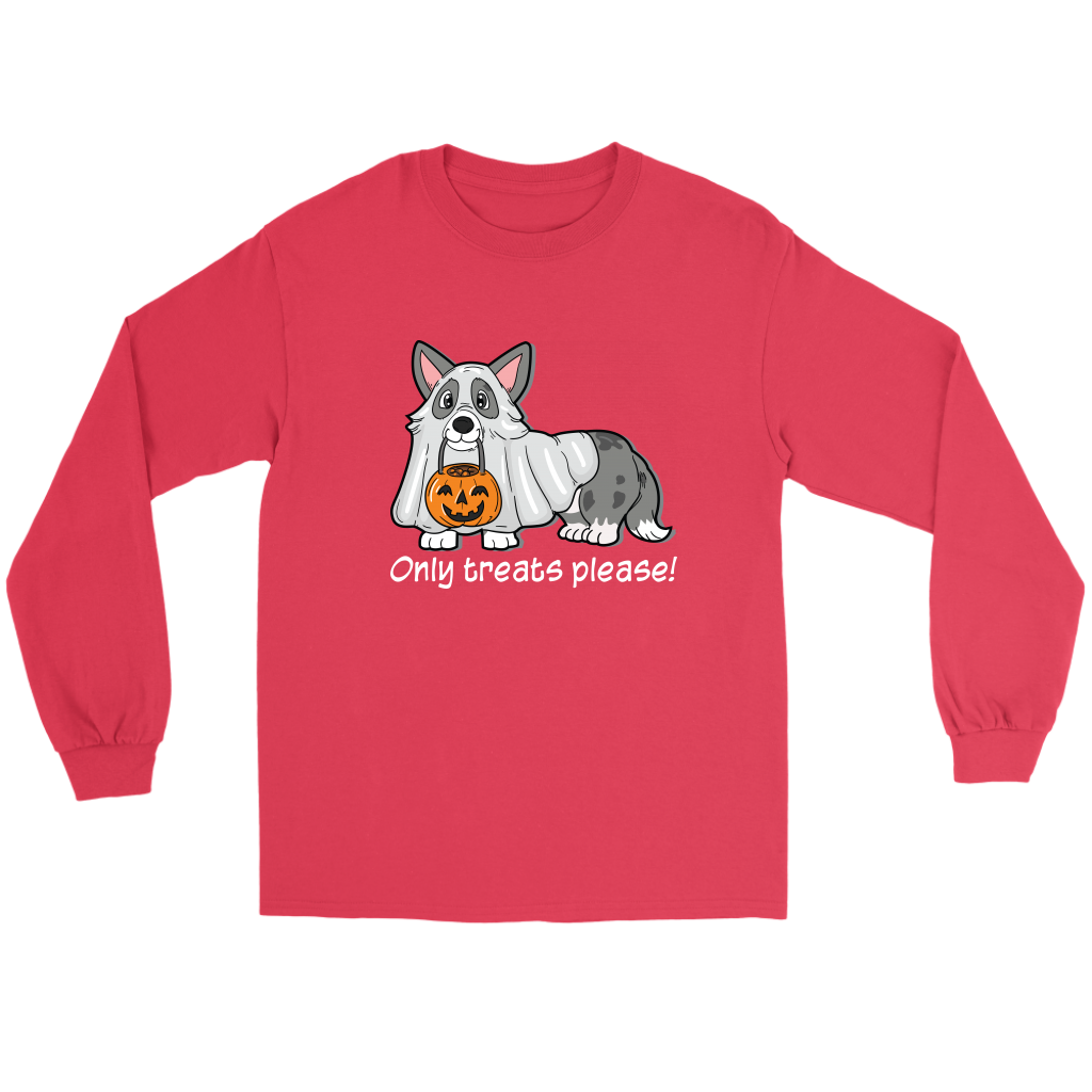 A flat lay of a long sleeved t shirt. The  design on the shirt shoes a cardigan corgi dressed up as a ghost. The corgi has a pumpkin-shaped trick or treat bucket hanging from it's mouth. The text underneath says "Only treats please!" The shirt is red. 