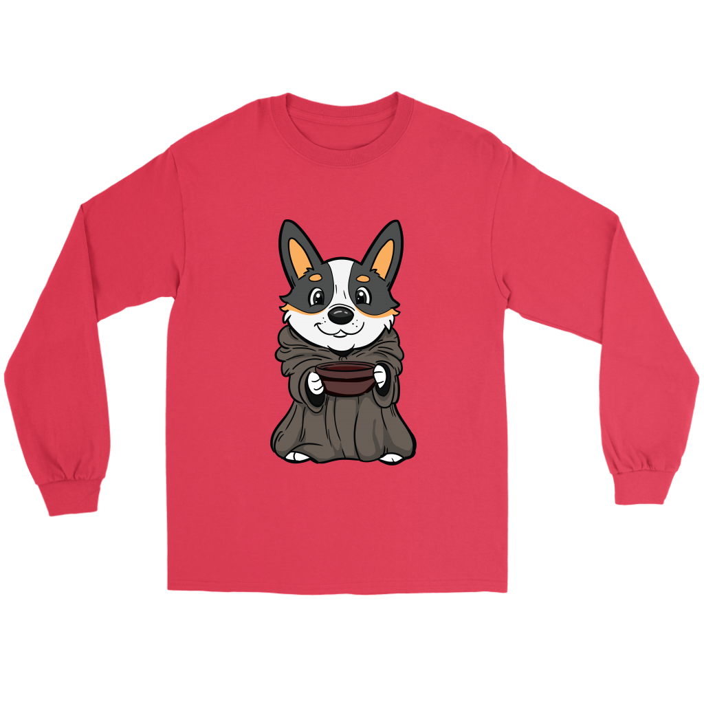 A flat lay of a long sleeved T shirt. The design of the shirt is a tricolor corgi that is dressed up as baby Yoda, (Grogu), from the Mandalorian.  The shirt is red. 