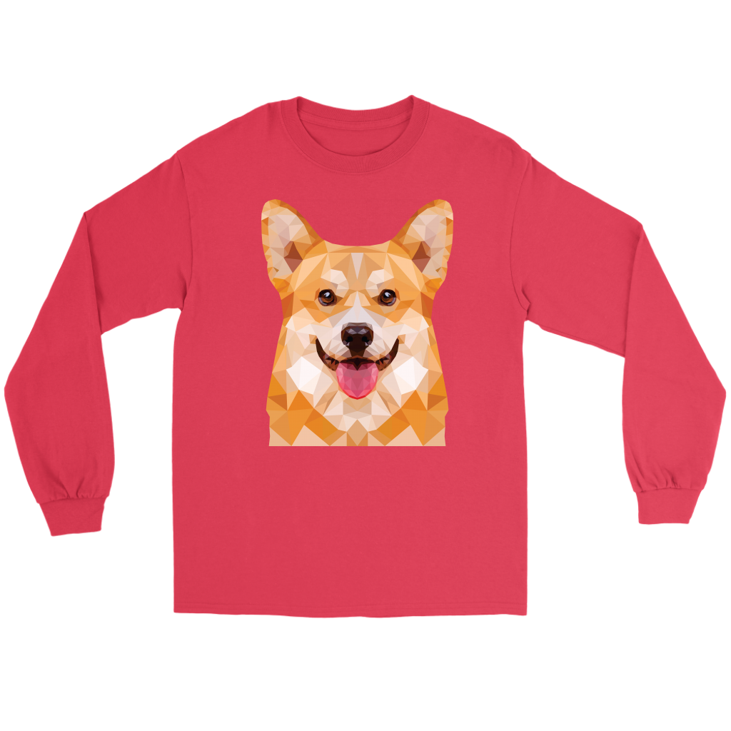 A flat lay of a long sleeved red t shirt. The design of the shirt is polygonal pembroke corgi.