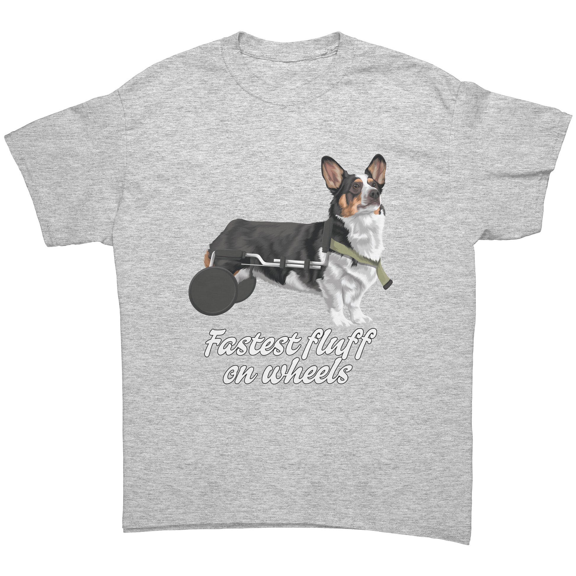 A flat lay of a light grey heather colored t shirt. The design on the shirt is a tricolor corgi in a dog wheel chair. Under the dog is black-outlined white text that says "Fastest fluff on wheels". 