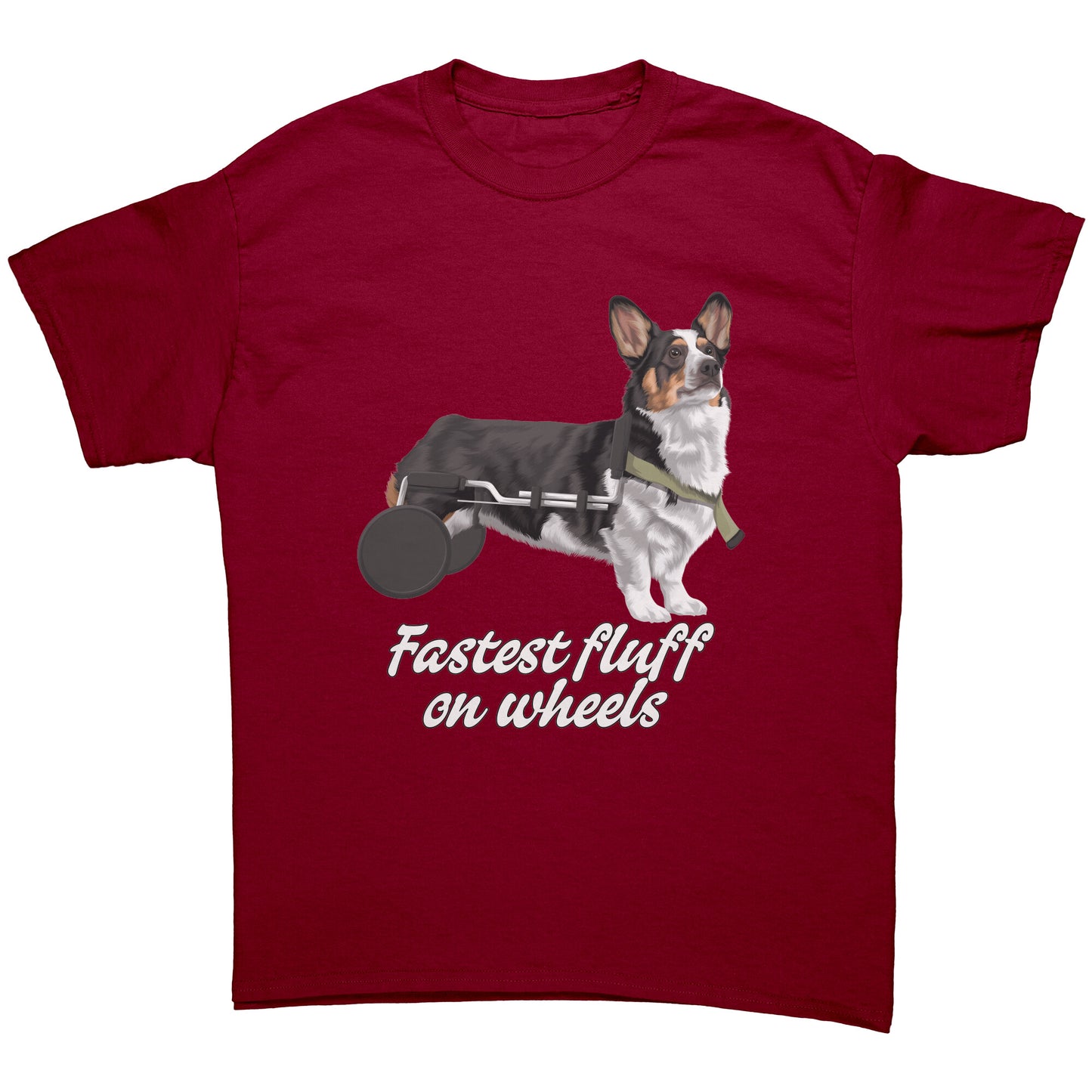 A flat lay of a dark red t shirt. The design on the shirt is a tricolor corgi in a dog wheel chair. Under the dog is black-outlined white text that says "Fastest fluff on wheels". 