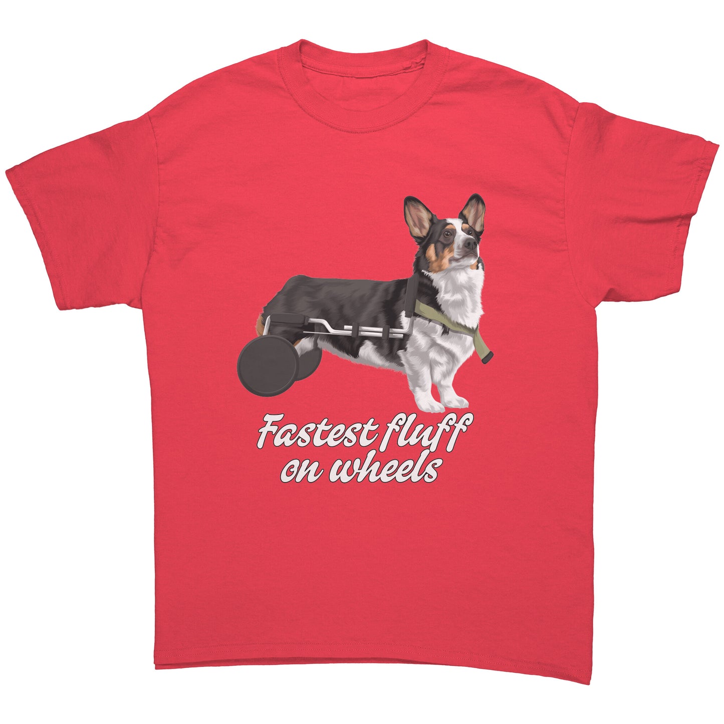 A flat lay of a red t shirt. The design on the shirt is a tricolor corgi in a dog wheel chair. Under the dog is black-outlined white text that says "Fastest fluff on wheels". 