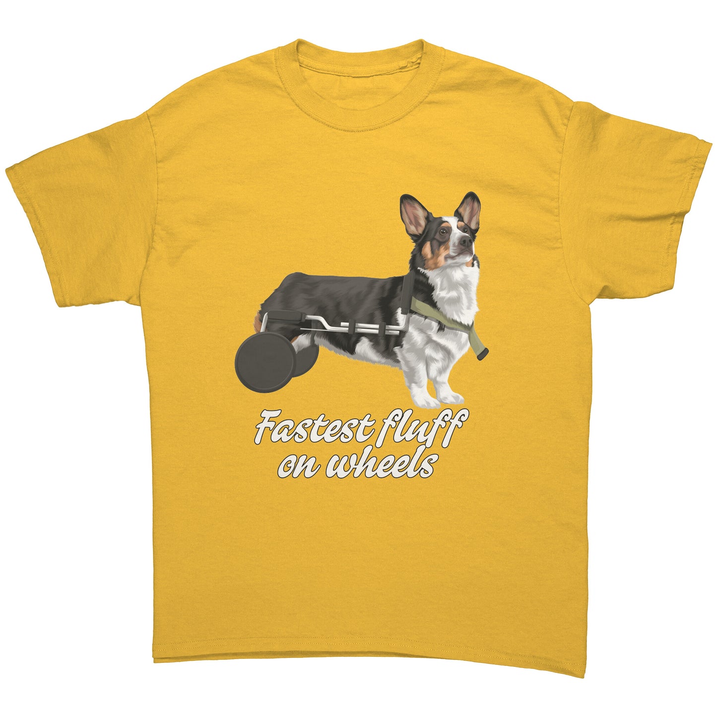 A flat lay of a yellow t shirt. The design on the shirt is a tricolor corgi in a dog wheel chair. Under the dog is black-outlined white text that says "Fastest fluff on wheels". 